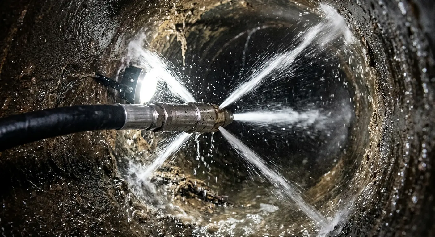 High-pressure hydro jetting nozzle cleaning sewer pipe for Trenchless Sewer Repair in Rexburg