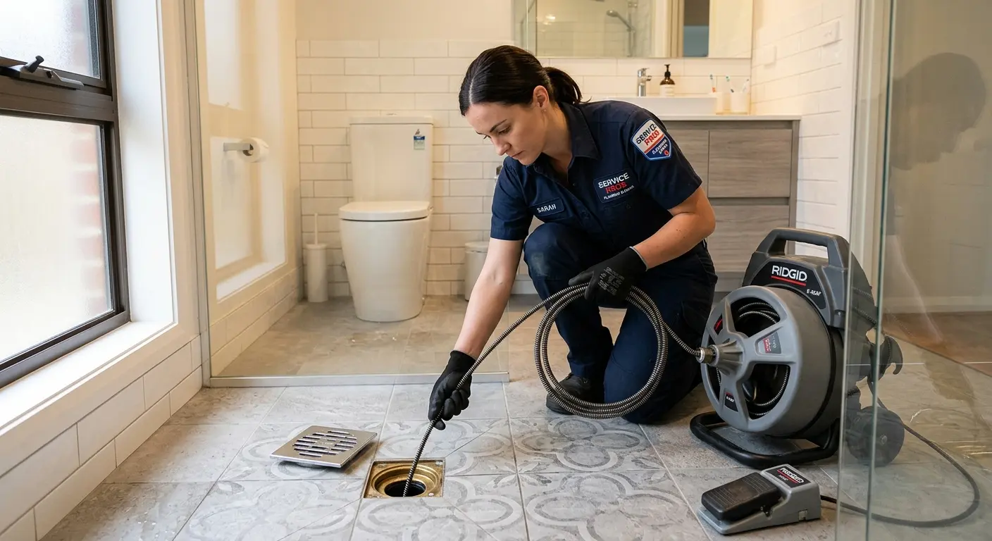 Technician clearing a bathroom floor drain for Sewer Line Installation in Rexburg